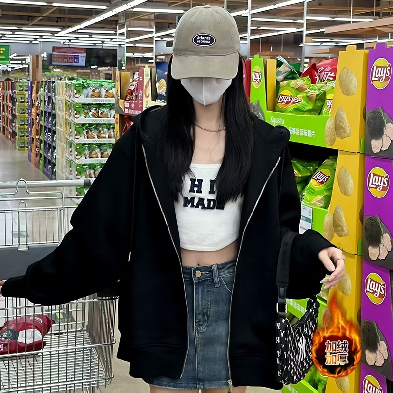 美式复古重磅连帽卫衣女春秋oversize薄款外套宽松慵懒风开衫上衣|undefined