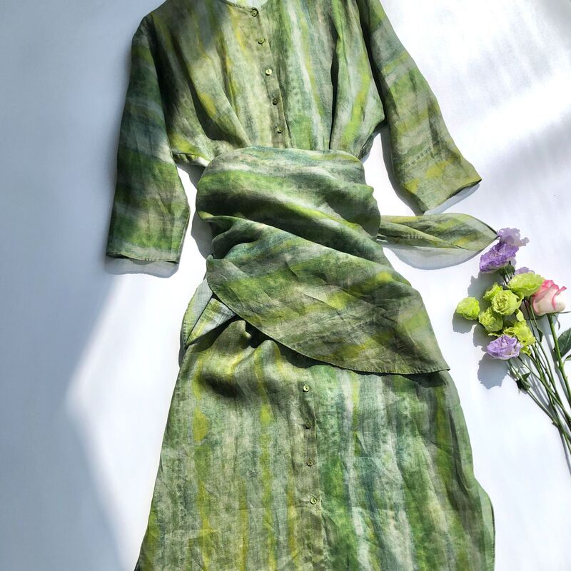 Peacock Cloud Green-Fresh Romantic Gradient Blout-Dyeing Ramie Wrap Skirt dress Top Half Skirt Peacock Cloud Green-Fresh Romantic Gradient Blout-Dyeing Ramie Wrap Skirt dress Top Half Skirt