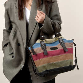 大容量帆布女包2022冬季新款单肩斜挎女士包撞色拼接包百搭