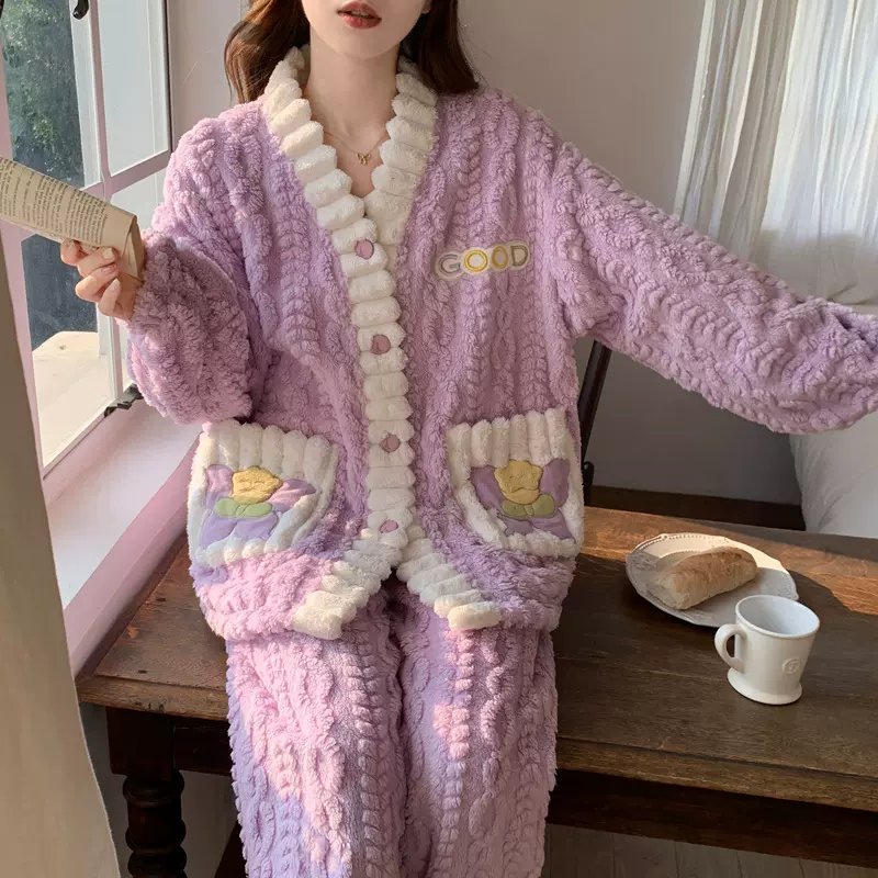 女士珊瑚绒睡衣秋冬学生ins加绒加厚保暖法兰绒可外穿家居服套装