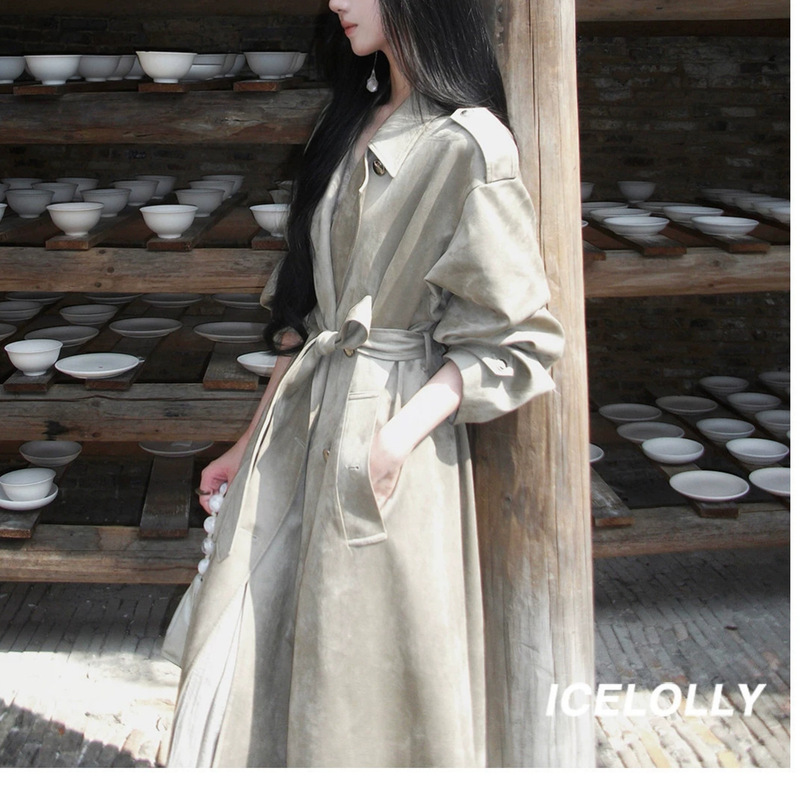 ICELOLLY【Berlin Light Catcher】Women's Suede Long Trench Coat, New Autumn Style, Rich Lady's Overcoat