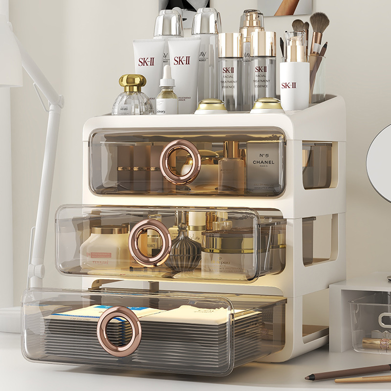 Caja de almacenamiento de cosméticos a prueba de polvo de escritorio transparente tocador de gran capacidad de cuidado de la piel de alto grado de almacenamiento rack de acrílico caja