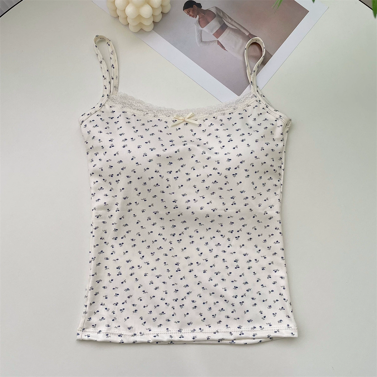 Кружевной летний топ-майка, женский с чашками, цветочный принт, plus size (подходит 80–120 цзинь)