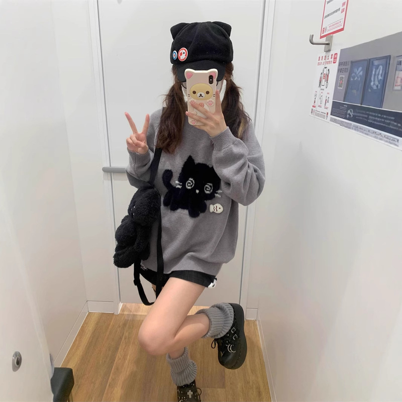 Three-dimensional small fish decorative sweater women's cute kitten imitation mink jacquard coat autumn and winter soft waxy knitted sweet top