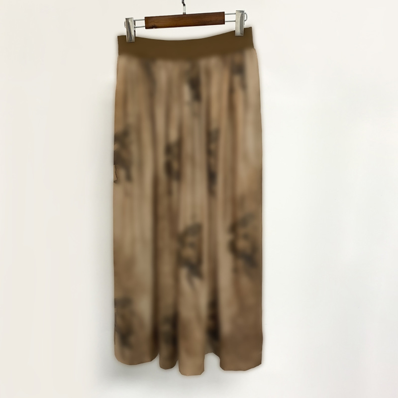 Vintage Niche Angel Print Large Swing Skirt Glossy Stretch Elastic Waist Pleated Loose Skirt A- Line Skirt