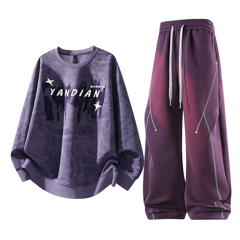 Plus-size Dison ribbed knit trendy printed crew-neck sweatshirt and Mamba cotton wide-leg long pants, a two-piece set for men, suitable for spring and autumn Plus-size Dison ribbed knit trendy printed crew-neck sweatshirt and Mamba cotton wide-leg long pants, a two-piece set for men, suitable for spring and autumn
