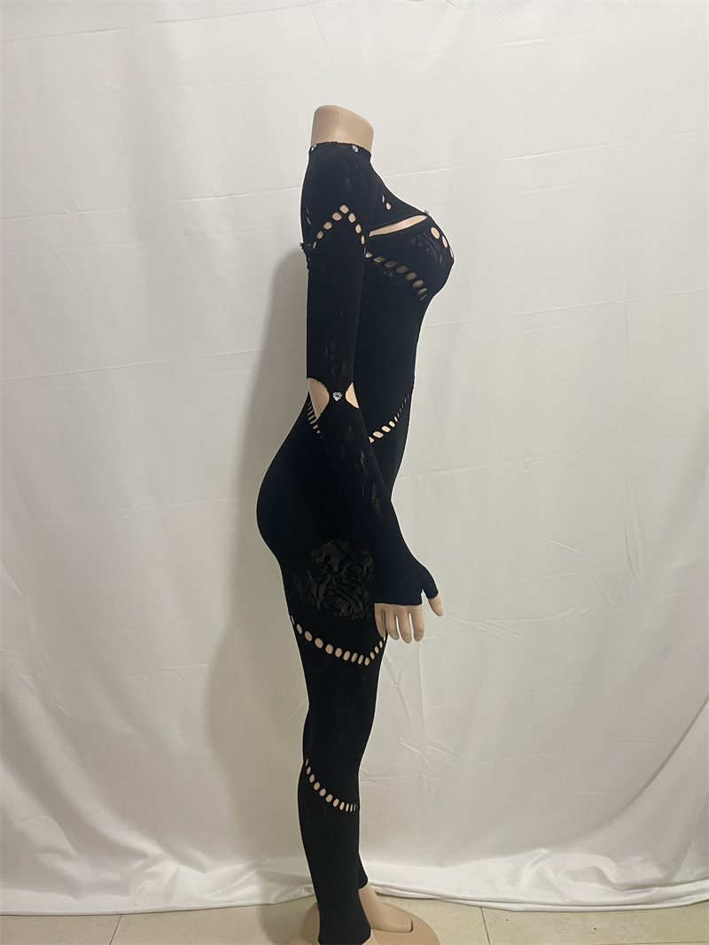 Women Autumn Solid Color round Neck Long Sleeve Hollow Out Cutout Jeweled Slim Fit Patchwork Sexy High Waist Jumpsuit
