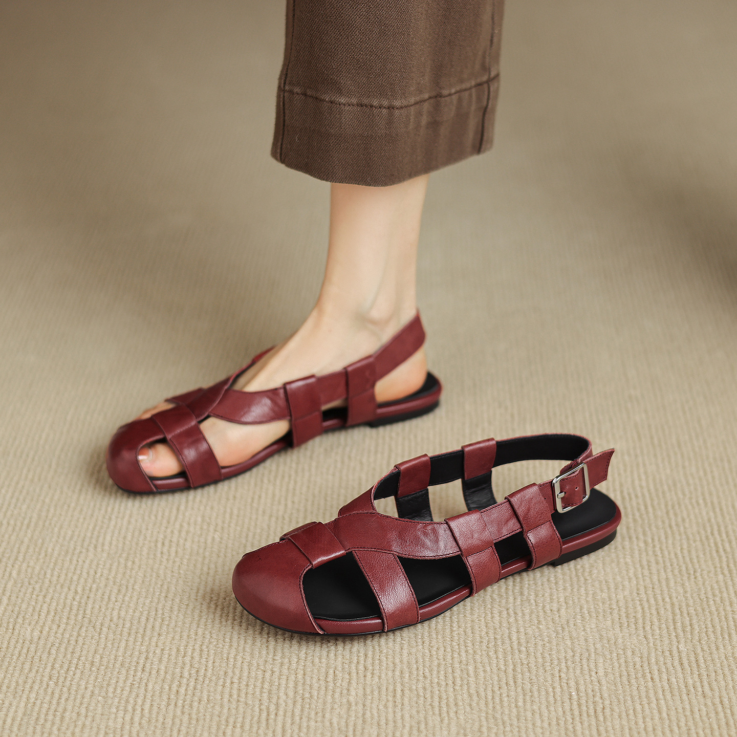 Sandal nữ bệt bọc mũi da bò đan vintage phong cách La Mã — Gạch đỏ