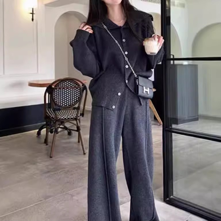 针织套装女秋季新款慵懒风显瘦休闲气质时尚阔腿裤毛衣开衫两件套|undefined