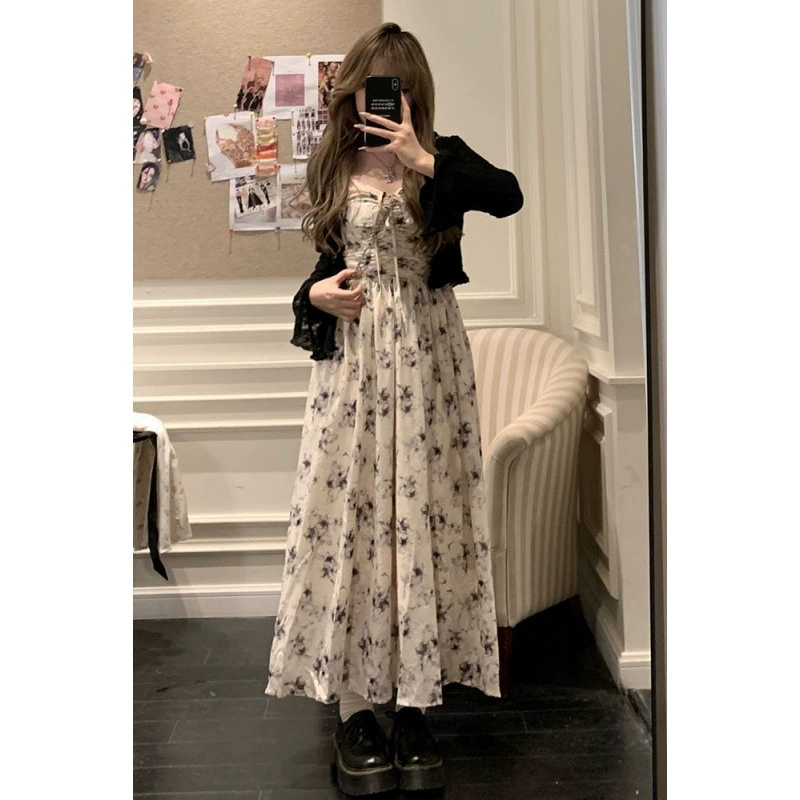 Французский костюм для женщин с цветочным принтом на подтяжках для отдыха после чаепития, летний тонкий солнцезащитный кардиган, длинная юбка с талией, чистая страсть, темперамент