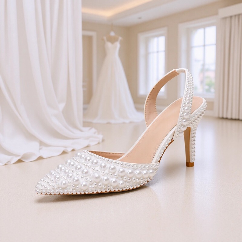 2026 Women's New Fall Collection 7.5cm High Heels with Thin Heel and Shallow Pearl Design, Women's Single Shoes for Wedding and Bridal Wear