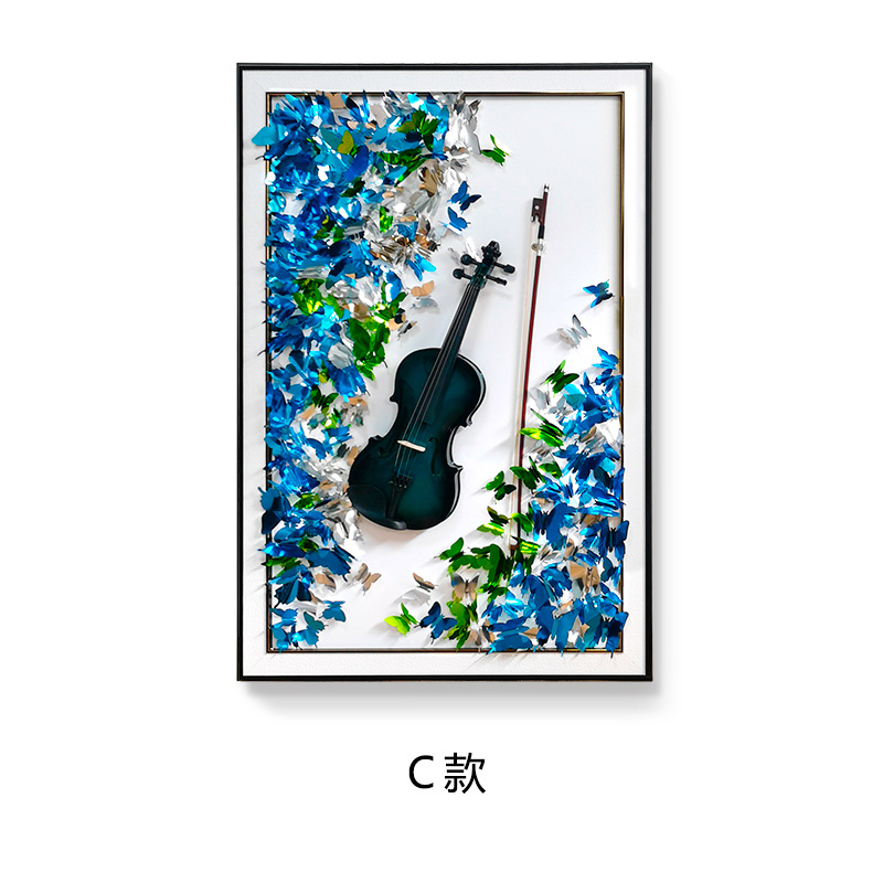 Pintura colgante de violín Hecho a mano Mariposa tridimensional Entrada de cuero Pasillo Pasillo Pintura decorativa Mural atmosférico de alta gama