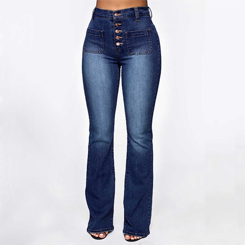 Women's Jeans With Button Up Patch Pockets Washed Denim Trousers_voghion.com