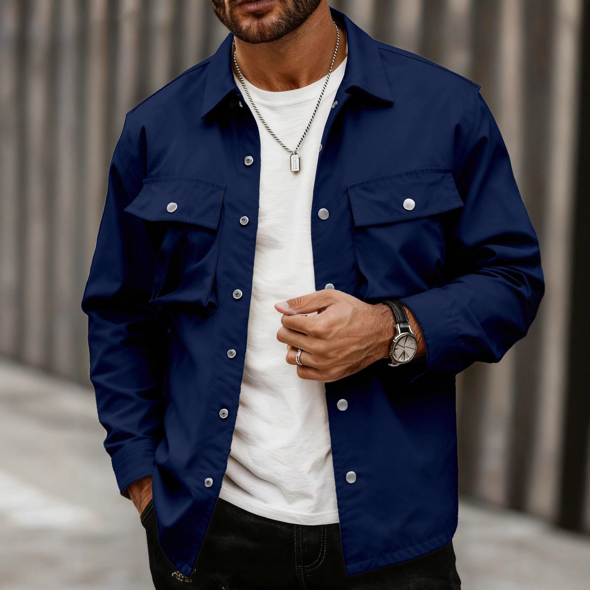 Monochrome Man- Euroean And American Sring/Autumn Cross-Border Men's Casual Fashion Multi-Pocket Jacket Solid Color Workwear_voghion.com