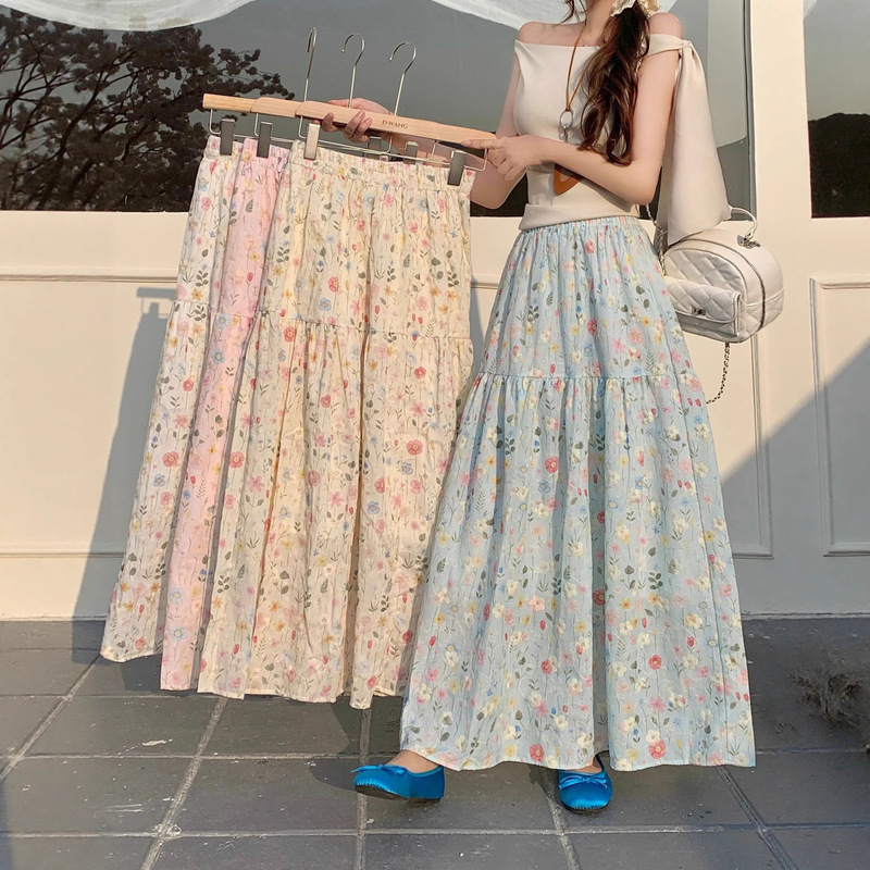Gentle Korean Floral Skirt, Versatile High-Waisted Long Skirt, New Loose Slimming A-Line Skirt, Large Hem Skirt