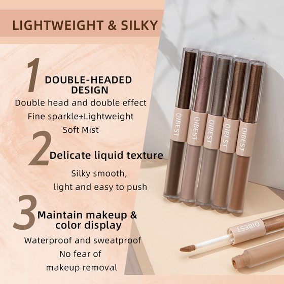 QIBEST Double Head Liquid Eyeshadow Matte Fog Pearlescent Fine Shiny Film Overlay with Natural Brightening Highlight Eyeshadow Liquid