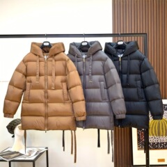 max家尼龙面料中长款细带连帽加厚羽绒服女士冬季保温高端外贸款