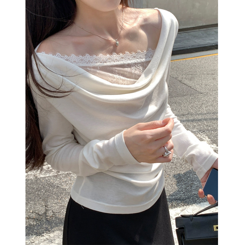 槿一 羊毛混纺莱赛er针织长袖T恤女法式荡领假两件蕾丝拼接上衣秋|undefined