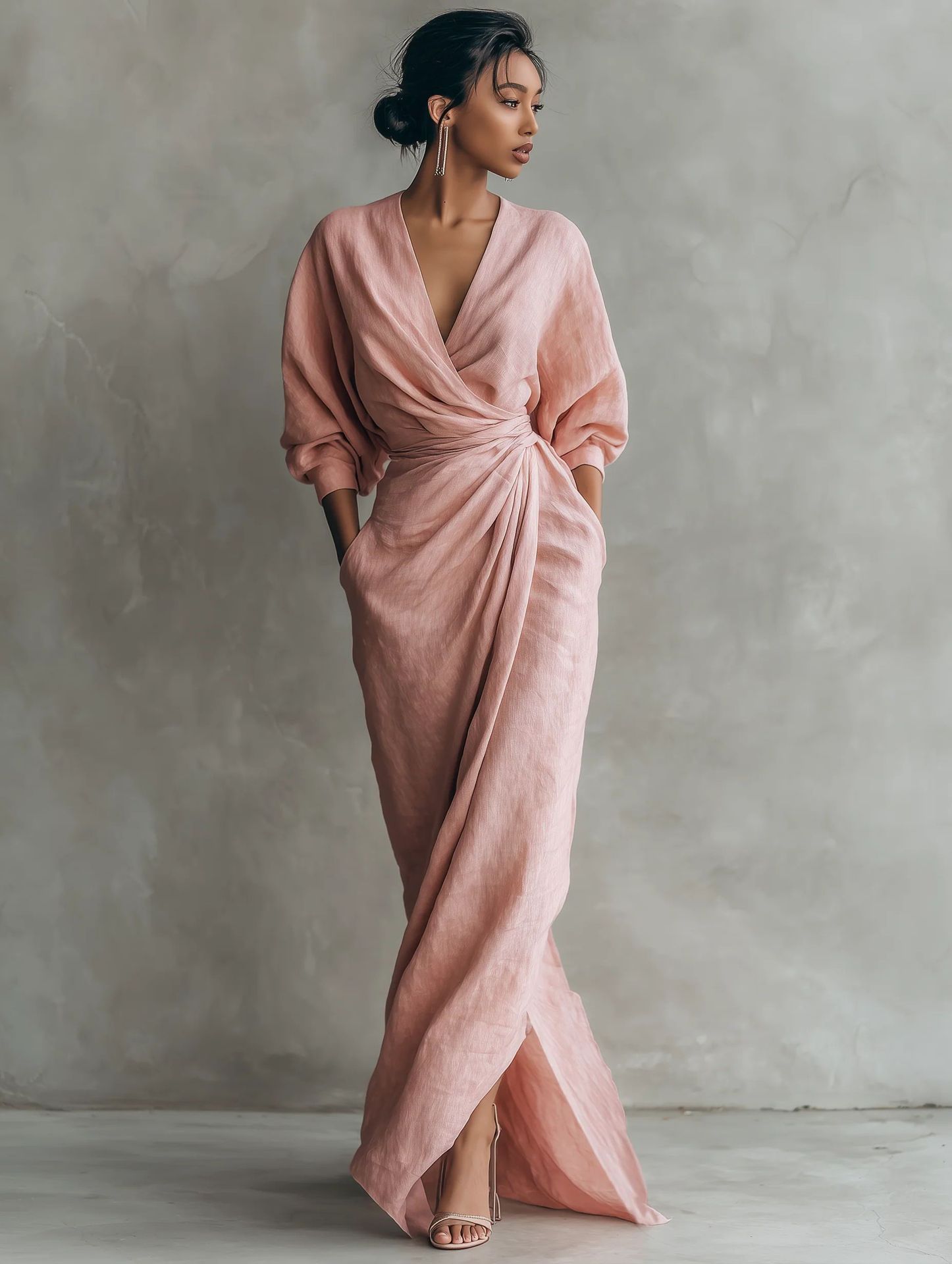 (Cross-border trading), solid color long dress, belt, (Physicals), European style, V-neckline, city style