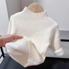 秋冬季儿童一体绒打底衫针织半高领毛衣纯色男女童上衣加绒童装