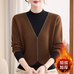 冬季妈妈装加绒毛衣加厚中年女士针织衫圆领一体绒洋气婆婆保暖衣