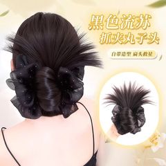 女性用の低結び目ボールヘッドウィッグ、レイジーなヘアスタイル、自然でふわふわした後頭部の鶏毛ヘアスタイル