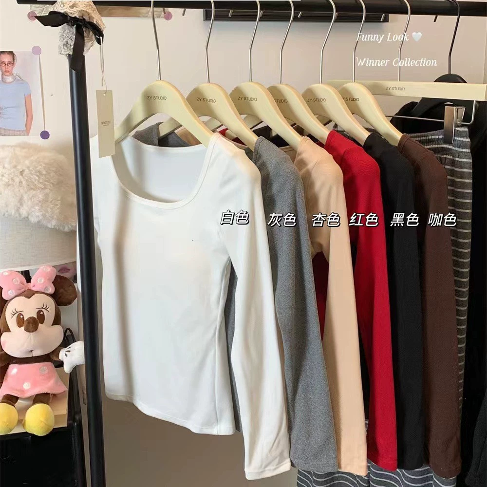 Осенняя и зимняя корейская версия шлифовального нижнего белья с квадратным вырезом с нагрудным ковриком