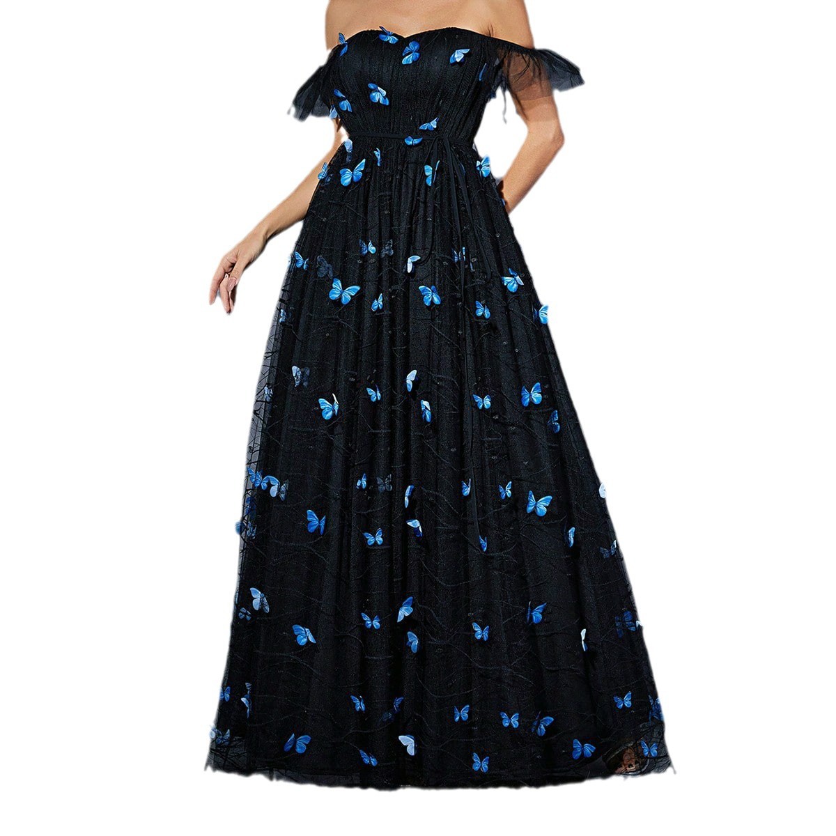 Vestido de hombro negro nuevo bordado mariposa malla de nicho de fiesta vestido de noche Amazon al por mayor image 5