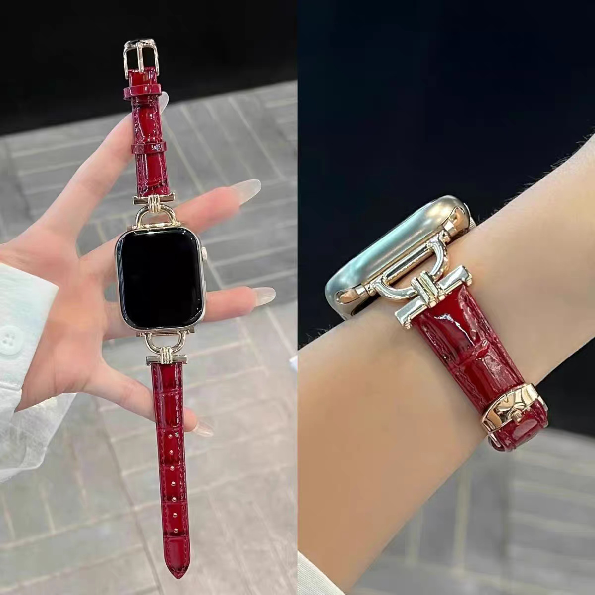Spot Wholesale Suitable for Apple Samsung Huawei Xiaomi Watch Metal D-Shaped Crocodile Pattern Small Waist Leather Strap