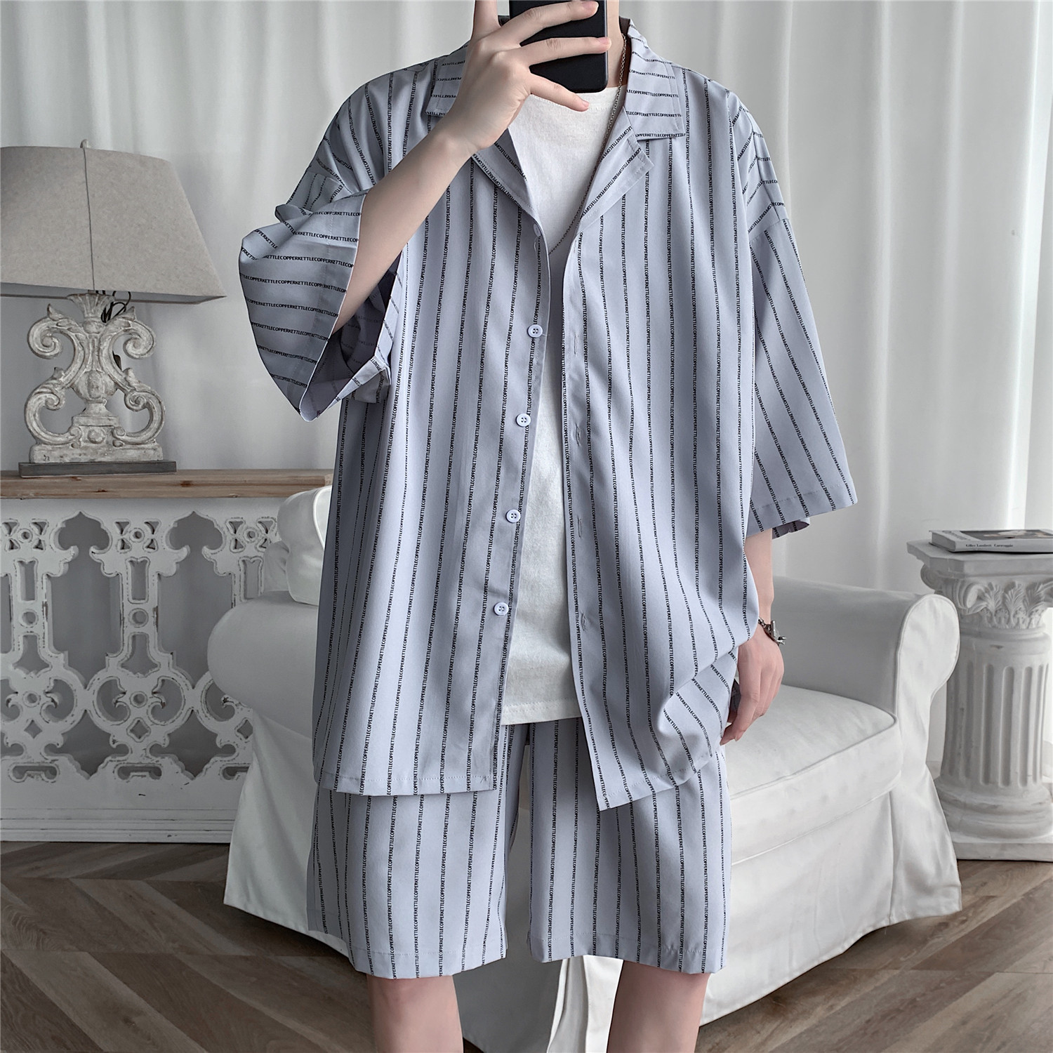 Summer Striped Short-sleeved Suit Men's Half-sleeved Shirt Fashionable Loose Shorts Men's Large Size Two-piece Casual Wear