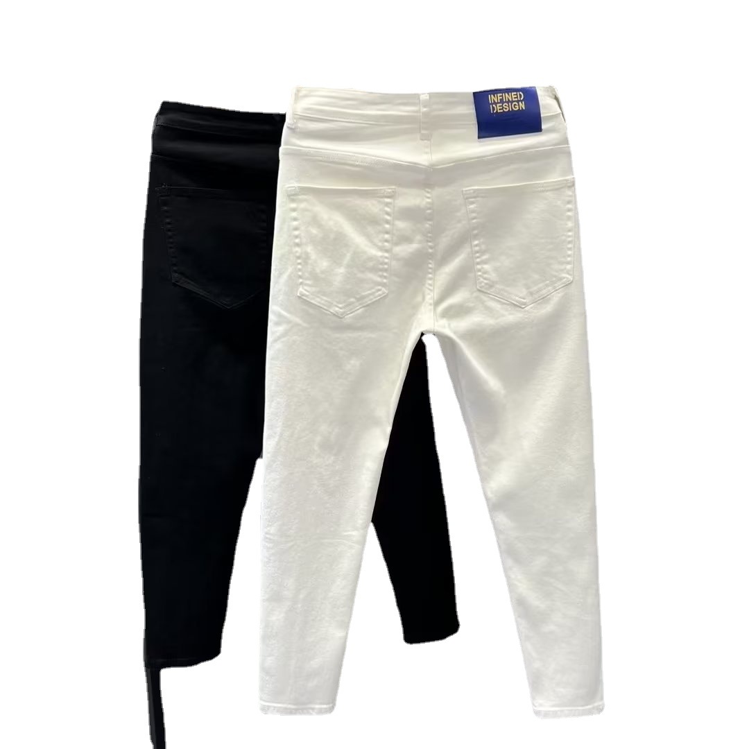 Trendy Brand White and Black Handsome Jeans Men's Slim-fit Skinny Cropped Pants for Boys Trousers Casual Pants for Spring