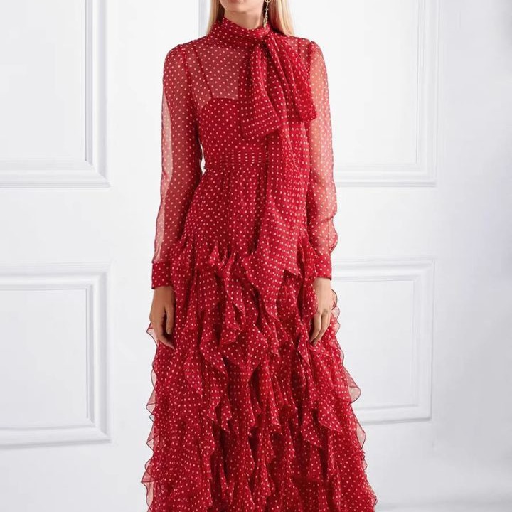 Red Evening Dress 2024 Spring Banquet Evening Party with Lace-up Collar Heavy Industry Ruffled Dot Chiffon dress Dress