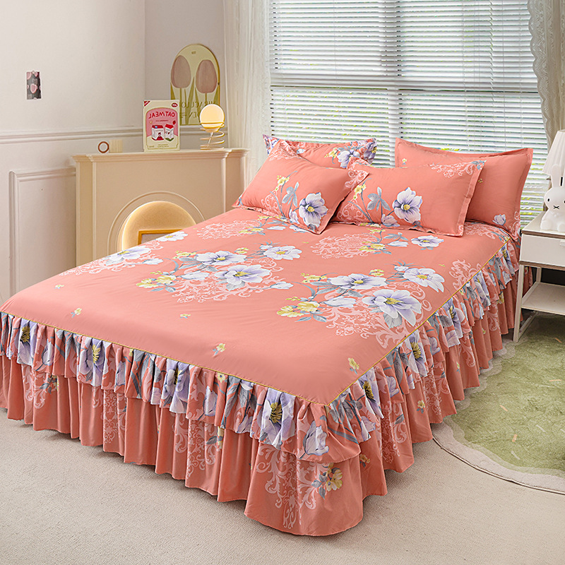 Double-Layer Lotus Leaf Lace Brushed Princess-Style Bed Skirt and Pillowcase Three-Piece Set for Cross-Border Foreign Trade Wholesale, Skin-Friendly Brushed Version