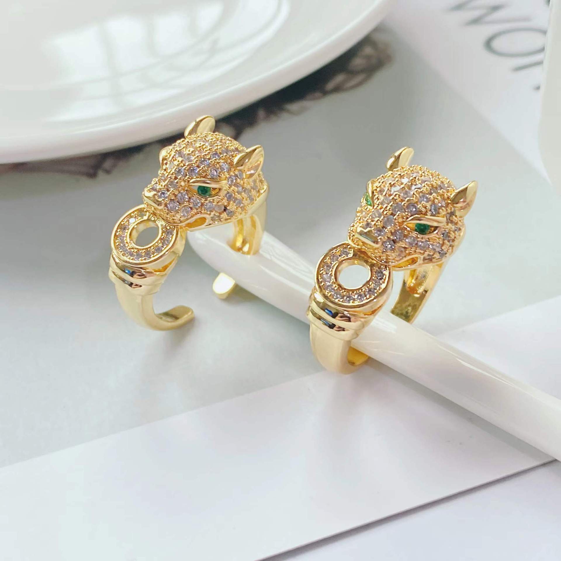 fashion trend leopard wealth ring 18k gold plated diamond opening adjustable ring
