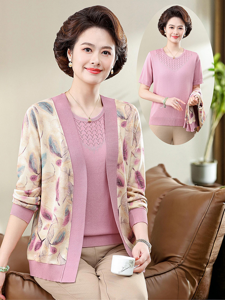 妈妈春装针织衫两件套2025新款中老年人女夏季短袖T恤母亲节上衣