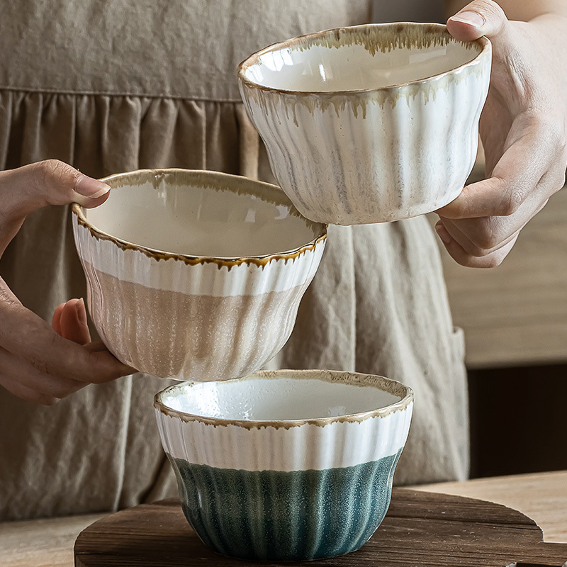 Tazón de arroz multicolor vidriado retro Tazón de sopa dulce para el hogar Tazón de avena Postre de cerámica Tazón pequeño Cuenco de arroz seco práctico