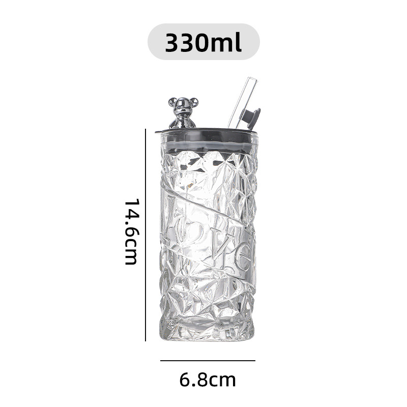 Vaso de cristal con diseño de oso – taza con tapa y pajita para regalo u oficina
