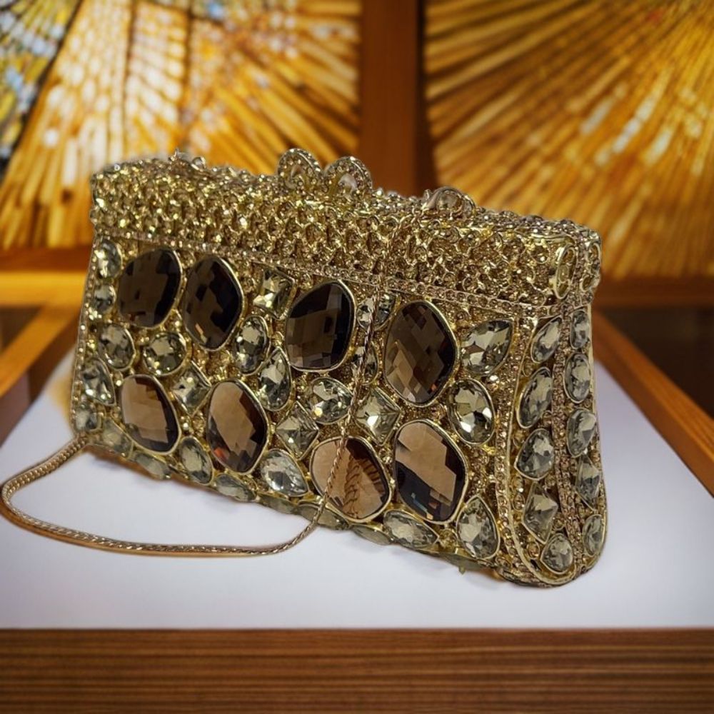 Túi clutch nữ đính đá rhinestone kim loại rỗng dạ tiệc — Vàng Pha Lê, Màu bạc, Xanh ngọc lục bảo, Màu xanh ngọc chi tiết 10