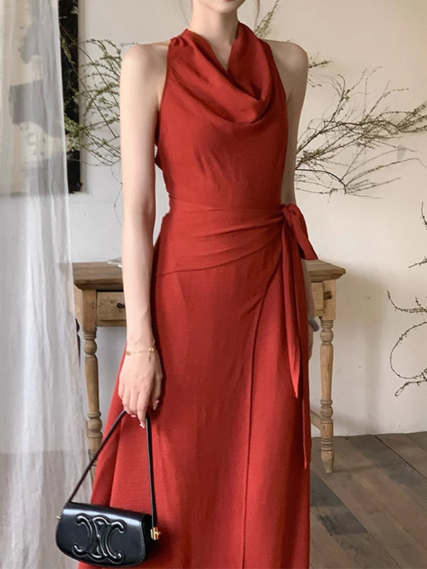 新しい中国風の中国風の山と月のレトロな気質のドレス女性の春と夏の赤いスイングカラーロングスカート|undefined