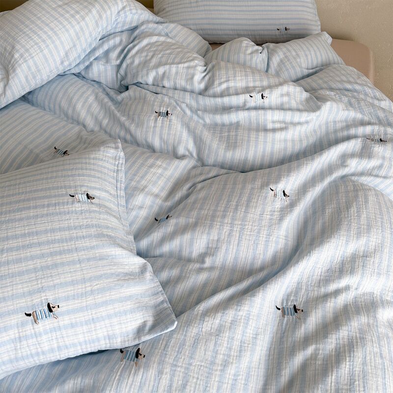 Nordic Style Fresh Striped Cotton Yarn-dyed Double Yarn Four-piece Set Cute Puppy Embroidery Loose Washed Gauze