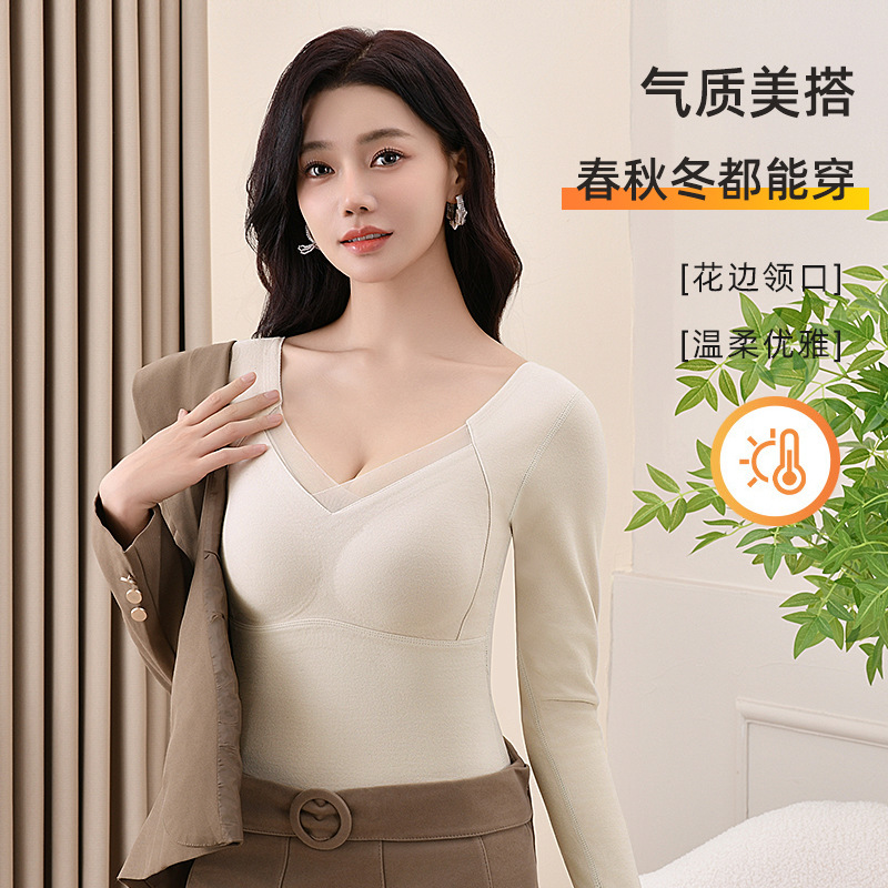 Nuevo top autocalentable de terciopelo alemán de doble cara sin costuras, taza fija, cintura gruesa, ropa de otoño de manga larga, camisa de fondo cálida para mujer