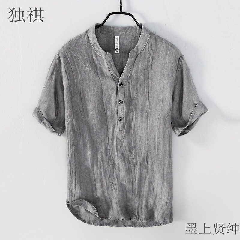 Linen Short-sleeved T-shirt Men's Summer Collar Casual Mid-sleeved Polo Shirt Vintage Crumpled Cotton Linen Top