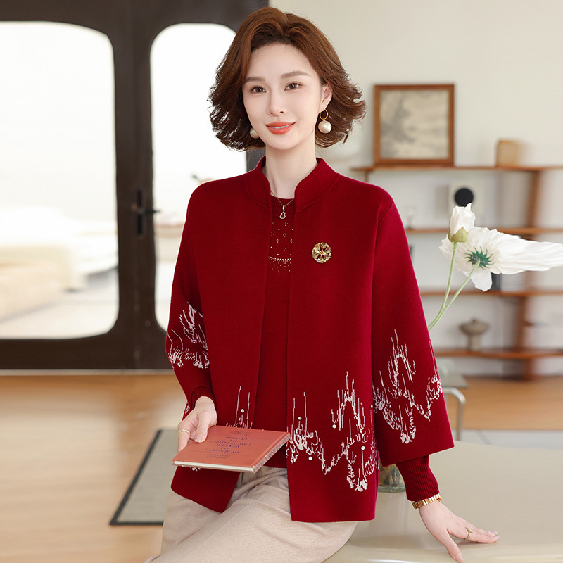洋气妈妈秋装针织结婚礼服两件套装女秋冬毛衣开衫中老年宽松上衣|undefined