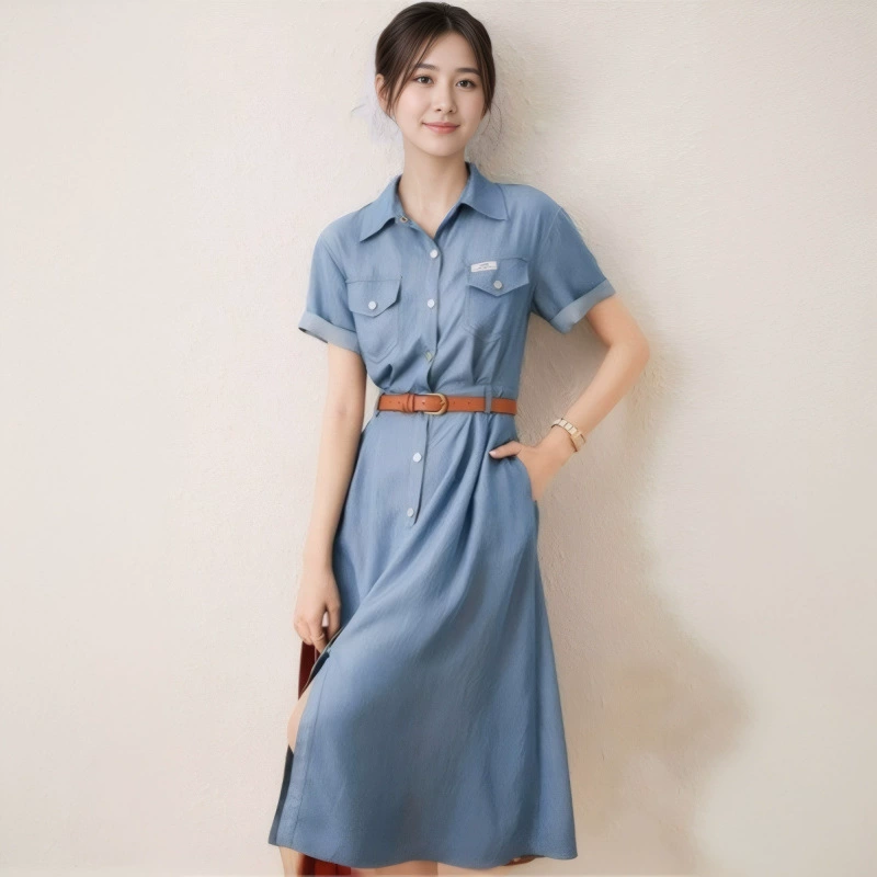 Джинсовое платье-рубашка с эффектом потертости, лето 2025, новое ретро с лацканами, элегантное облегающее платье средней длины с короткими рукавами для женщин