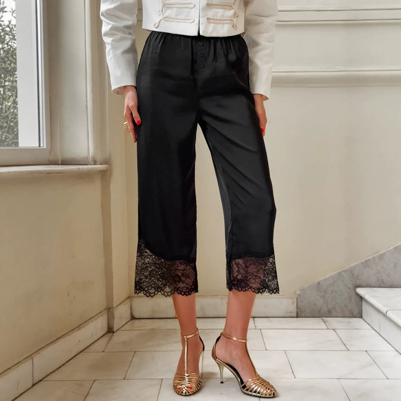 2026 Satin Cropped Pants Cross-Border European and American Style Lace Splicing High-Waisted Slimming Elegant Casual Women's Pants Summer Thin Style