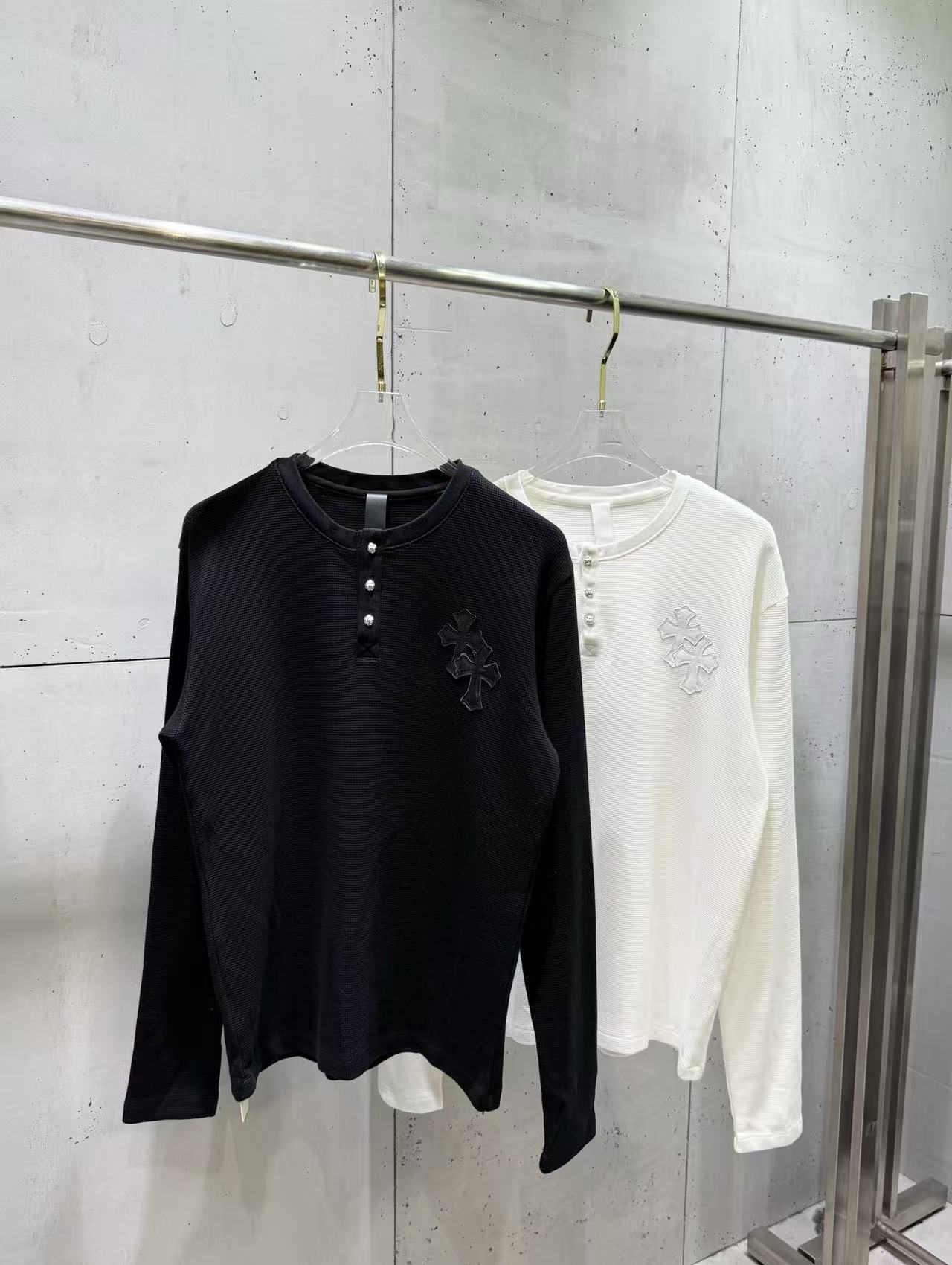 Cross-Border American-Style Trendy Brand High-Quality Ch Cross-Pattern Leather Waffle Long-Sleeve T-Shirt for Men and Women, Couple Style