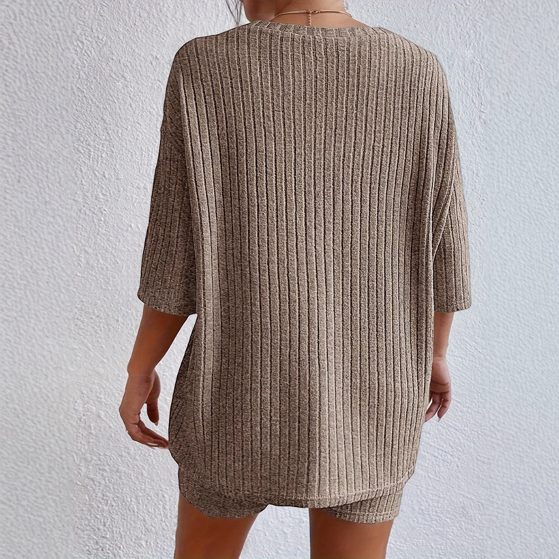 Soft Ribbed Lounge Set For Women, Relaxed Short Sleeve Top And High-Waisted Shorts, Comfortable Casual Two-Piece Outfit In Heather Gray_ecoleips.com