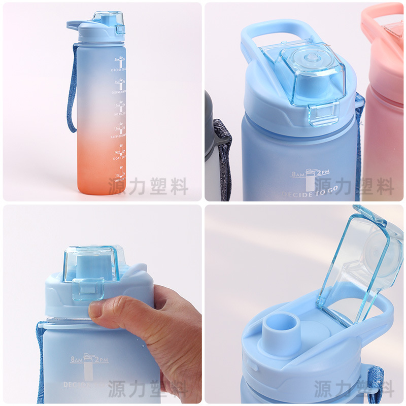 Nueva moda de gran capacidad al aire libre esmerilado taza de plástico gradiente deportes botella de agua portátil colorido espacio taza de bebida directa