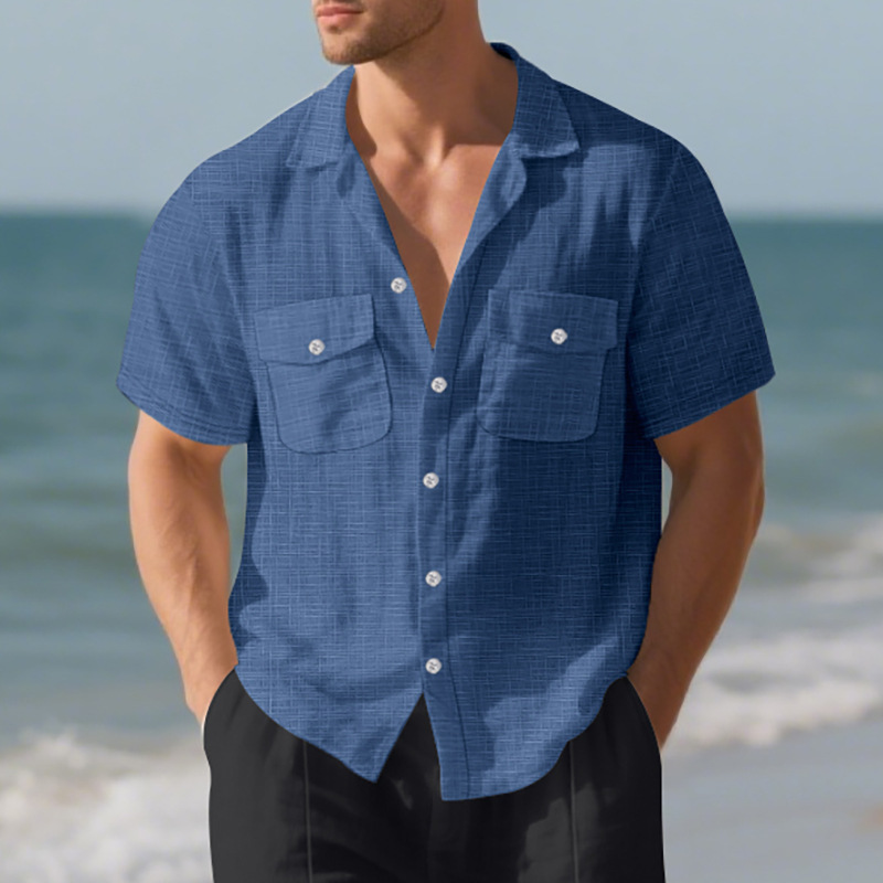 Men's Summer Shirt Double Pocket Solid Color Short Sleeved Shirt Casual Vacation Lapel Shirt_voghion.com