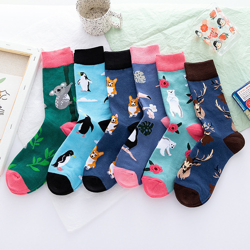 Creative Cute Animal Mid-Calf Socks for Women, Casual Streetwear Brand Socks, European and American Cross-Border Trend Socks, Four-Season Wholesale